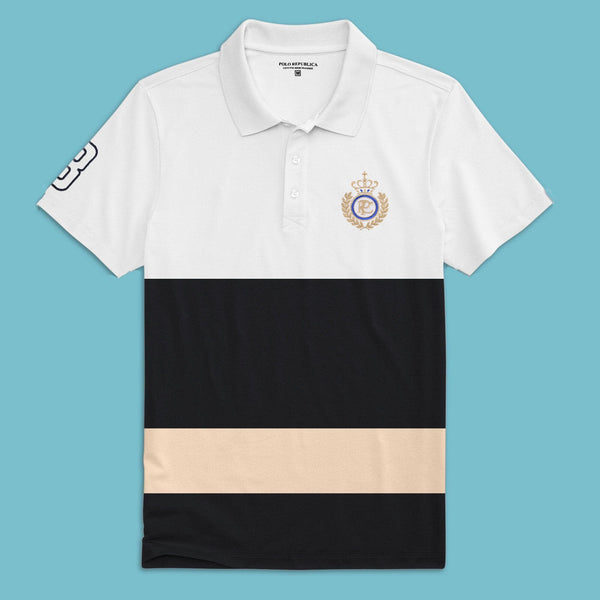Elo Polo Republica Men's PRC & 8 Embroidered Contrast Panels Style Polo Shirt White & Black