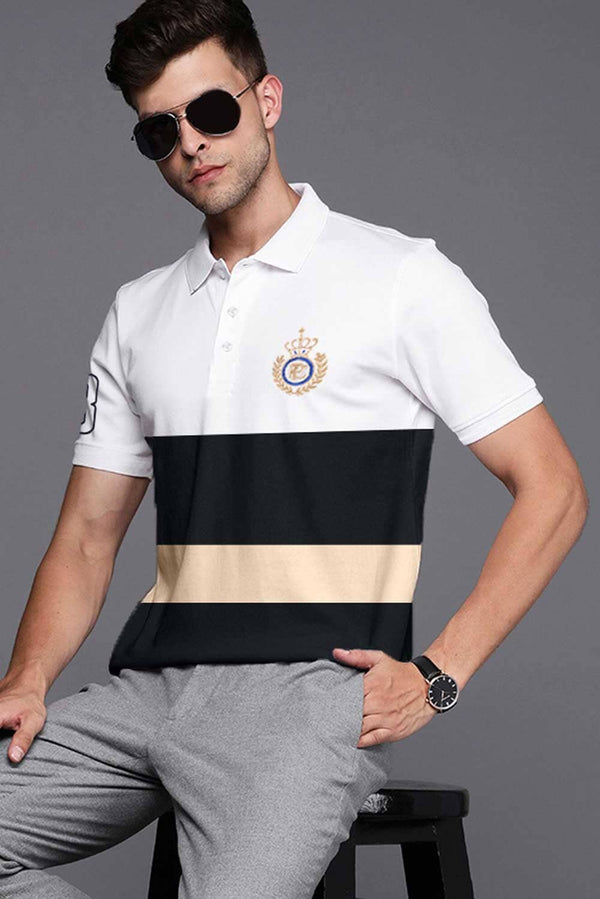 elo Polo Republica Men's PRC & 8 Embroidered Contrast Panels Style Polo Shirt White & Black