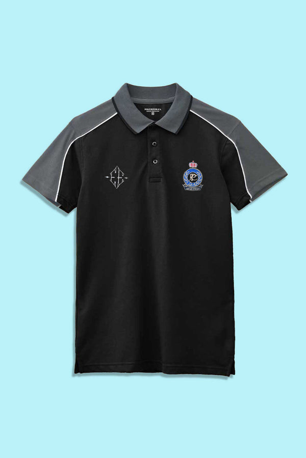 Elo Polo Republica Men's PRC Crest & EE Embroidered Contrast Panels Polo Shirt Black & Slate Grey