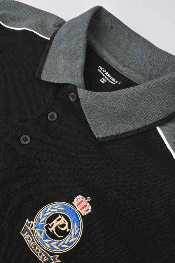 Elo Polo Republica Men's PRC Crest & EE Embroidered Contrast Panels Polo Shirt Black & Slate Grey