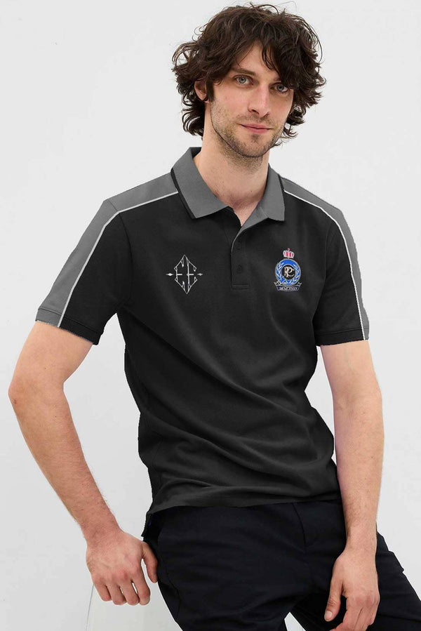 elo Polo Republica Men's PRC Crest & EE Embroidered Contrast Panels Polo Shirt Black & Slate Grey