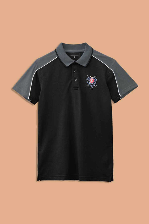 Elo Polo Republica Men's PRC Crest Embroidered Contrast Panels Polo Shirt Black & Slate Grey
