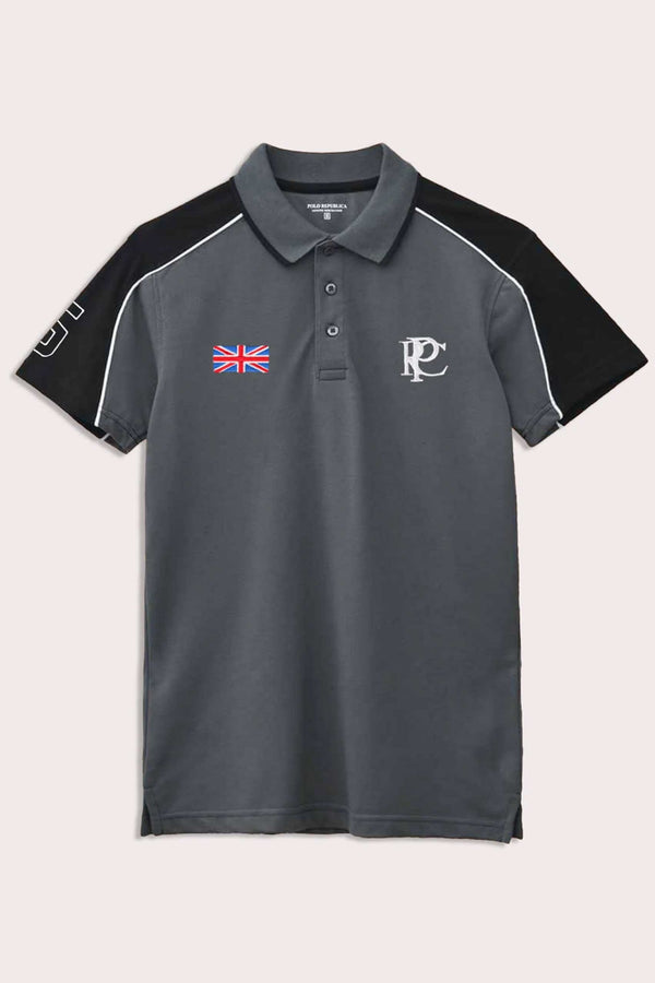 Elo Polo Republica Men's PRC England & 5 Embroidered Contrast Panels Polo Shirt Slate Grey & Black