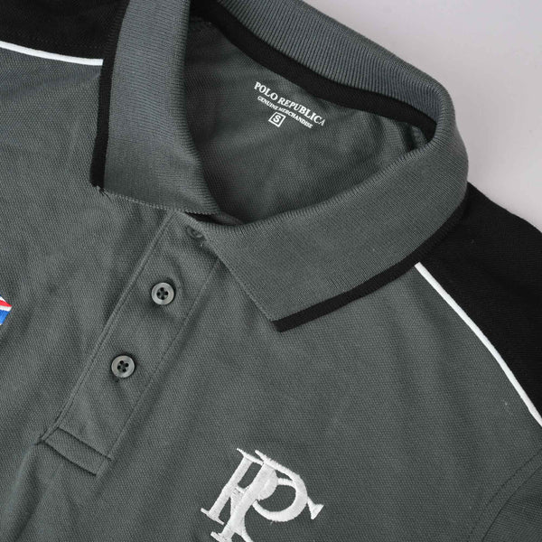 Elo Polo Republica Men's PRC England & 5 Embroidered Contrast Panels Polo Shirt Slate Grey & Black