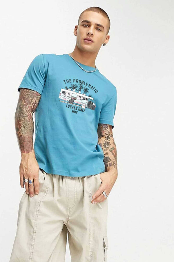 Elo Polo Republica Men's Problematic Printed Crew Neck Tee Shirt Aqua Blue