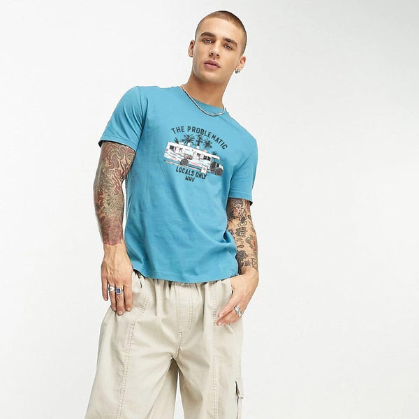 elo Polo Republica Men's Problematic Printed Crew Neck Tee Shirt Aqua Blue