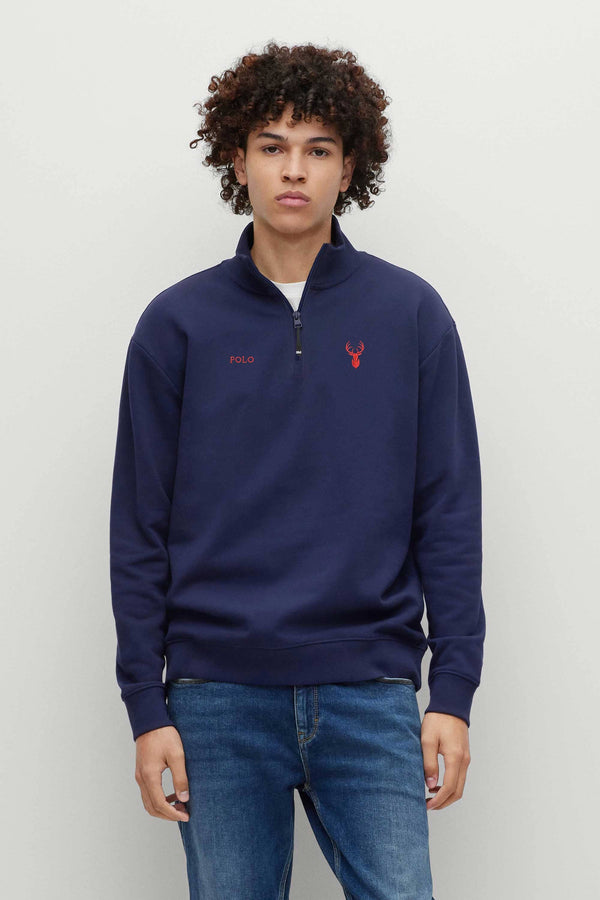 Elo Polo Republica Men's Quarter Zipper Deer & Polo Embroidered Fleece Sweat Shirt Red