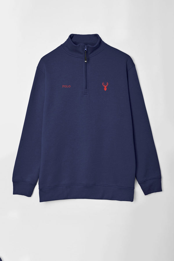 Elo Polo Republica Men's Quarter Zipper Deer & Polo Embroidered Fleece Sweat Shirt Red