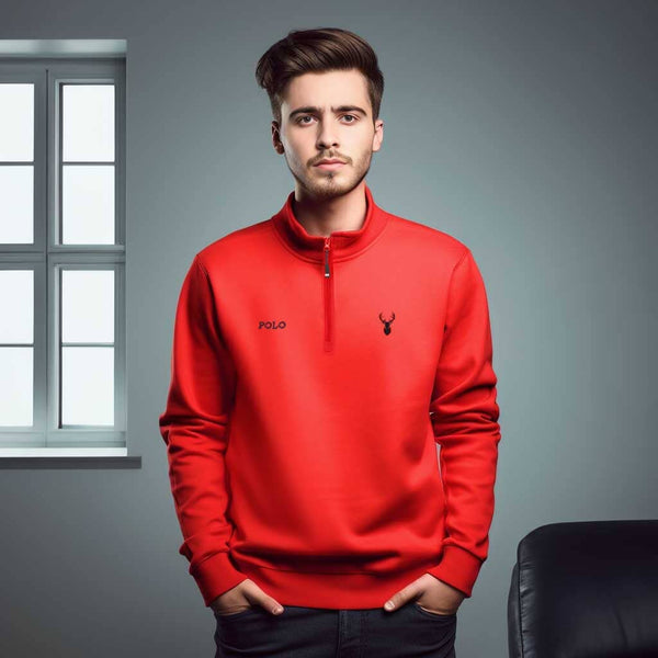 elo Polo Republica Men's Quarter Zipper Deer & Polo Embroidered Fleece Sweat Shirt Red