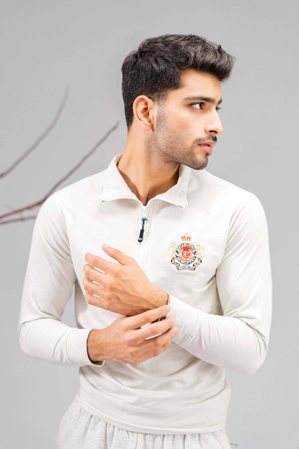 Elo Polo Republica Men's Quarter Zipper Lion Crest Embroidered Terry Sweat Shirt Off White
