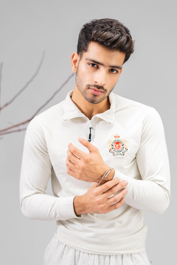 Elo Polo Republica Men's Quarter Zipper Lion Crest Embroidered Terry Sweat Shirt Off White