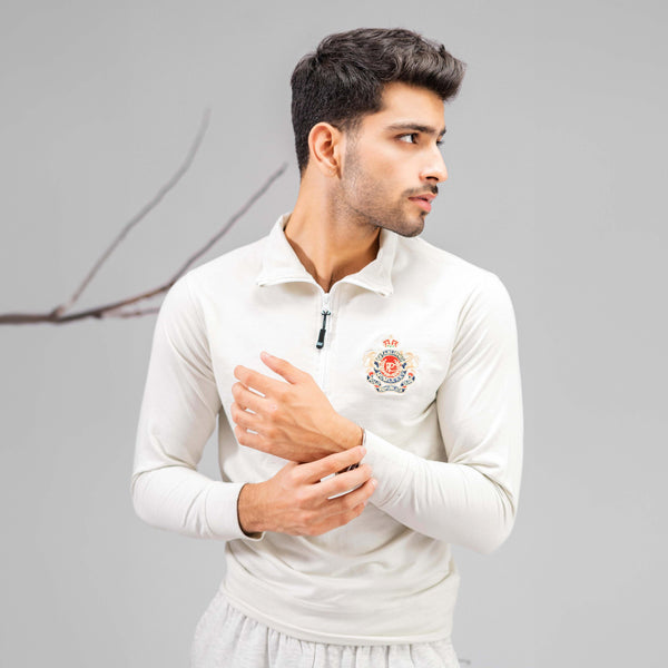 elo Polo Republica Men's Quarter Zipper Lion Crest Embroidered Terry Sweat Shirt Off White