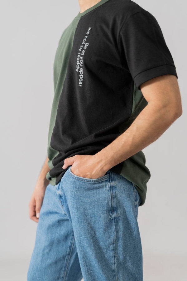 Elo Polo Republica Men's Rumi Contrast Panel Printed Tee Shirt Dark Green & Black