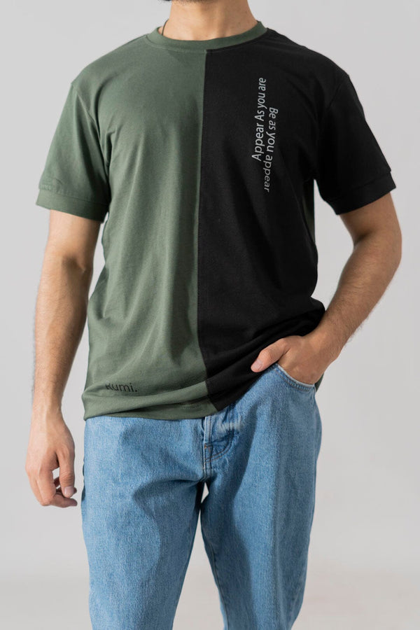 elo Polo Republica Men's Rumi Contrast Panel Printed Tee Shirt Dark Green & Black