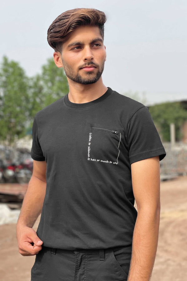 elo Polo Republica Men's Rumi Quote Printed Mock Zipper Pocket Tee Shirt Black