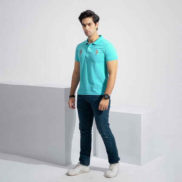 Elo Polo Republica Men's Signature Pony & 8 Embroidered Short Sleeve Polo Shirt Aqua Blue