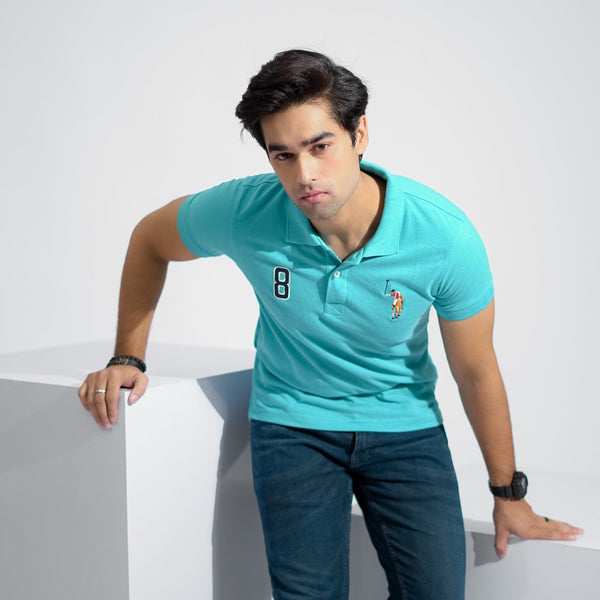 Elo Polo Republica Men's Signature Pony & 8 Embroidered Short Sleeve Polo Shirt Aqua Blue