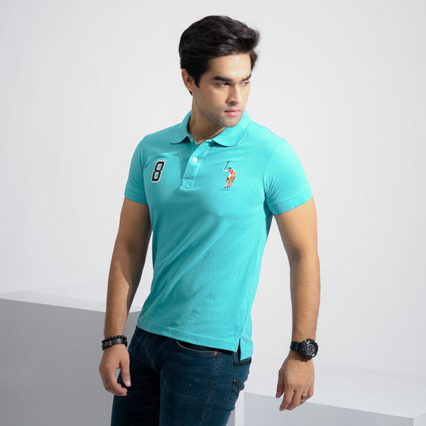 Elo Polo Republica Men's Signature Pony & 8 Embroidered Short Sleeve Polo Shirt Aqua Blue