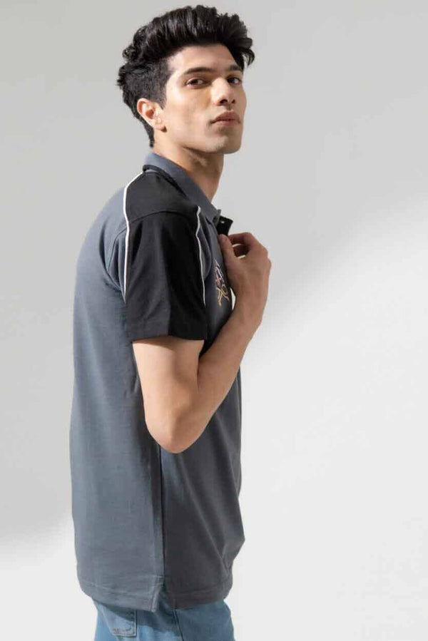 Elo Polo Republica Men's Signature Pony & Flags Embroidered Contrast Panels Polo Shirt Slate Grey & Black