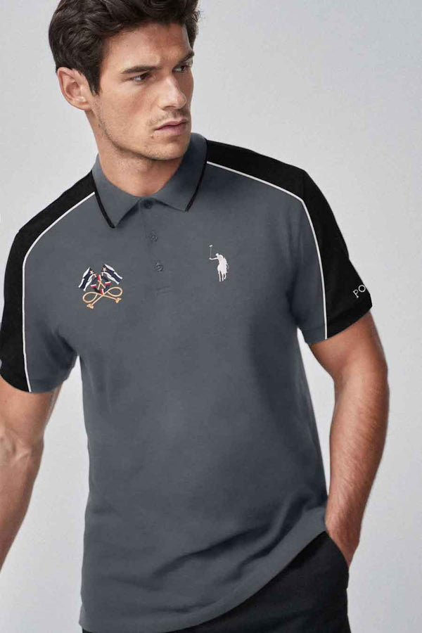 Elo Polo Republica Men's Signature Pony & Flags Embroidered Contrast Panels Polo Shirt Slate Grey & Black