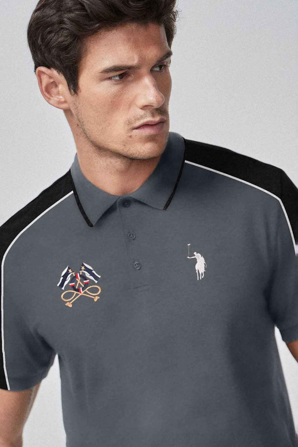 Elo Polo Republica Men's Signature Pony & Flags Embroidered Contrast Panels Polo Shirt Slate Grey & Black