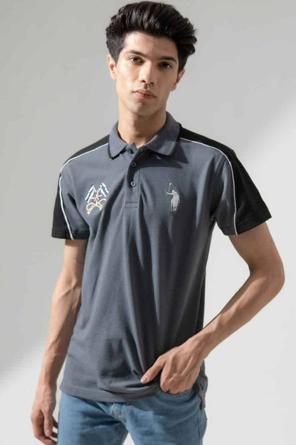 elo Polo Republica Men's Signature Pony & Flags Embroidered Contrast Panels Polo Shirt Slate Grey & Black