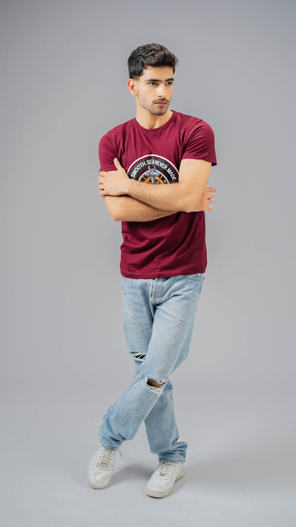 Elo Polo Republica Men's Smooth Sea Printed Crew Neck Tee Shirt Maroon