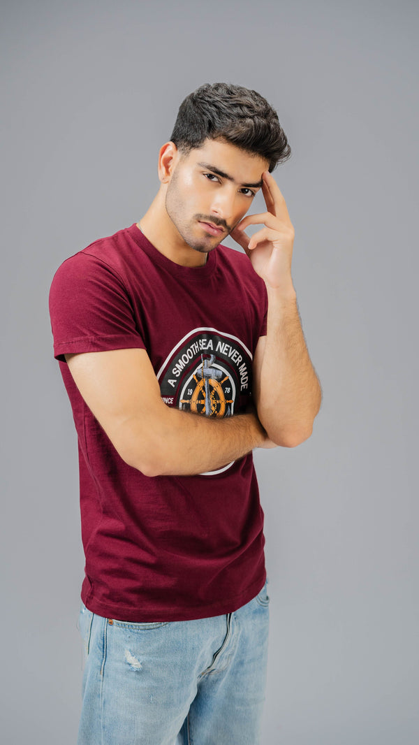 Elo Polo Republica Men's Smooth Sea Printed Crew Neck Tee Shirt Maroon