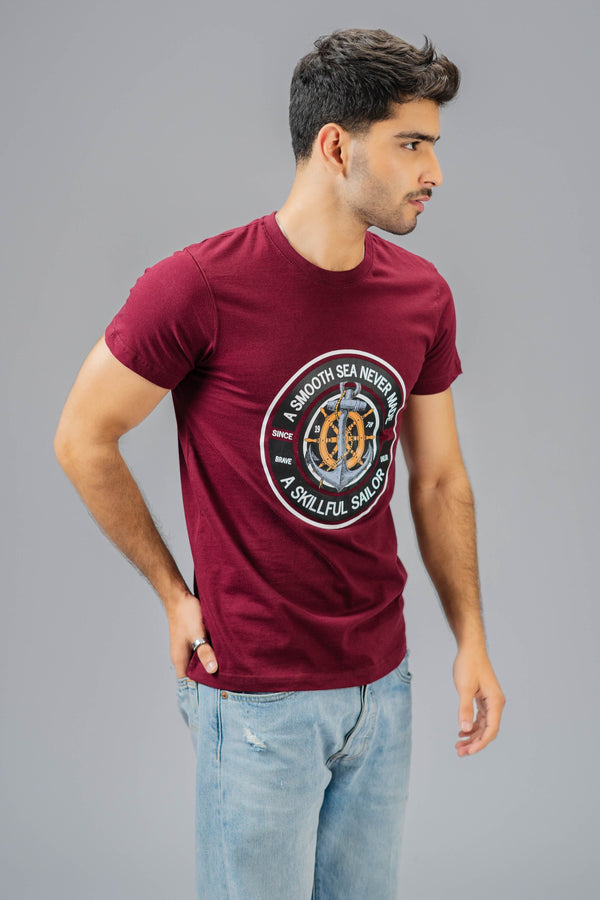 elo Polo Republica Men's Smooth Sea Printed Crew Neck Tee Shirt Maroon