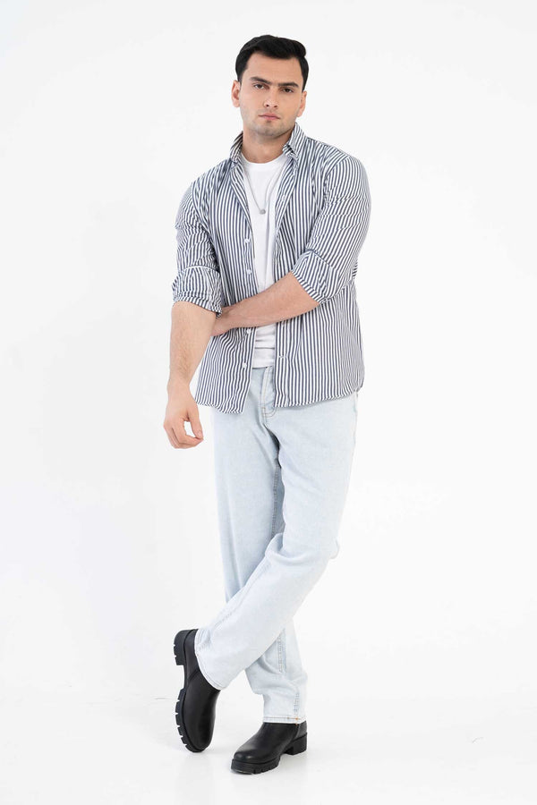 Elo Polo Republica Men's Striped Button Down Casual Shirt White & Graphite