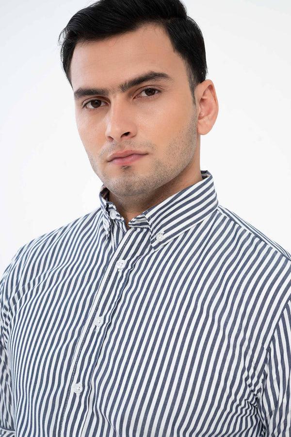 Elo Polo Republica Men's Striped Button Down Casual Shirt White & Graphite