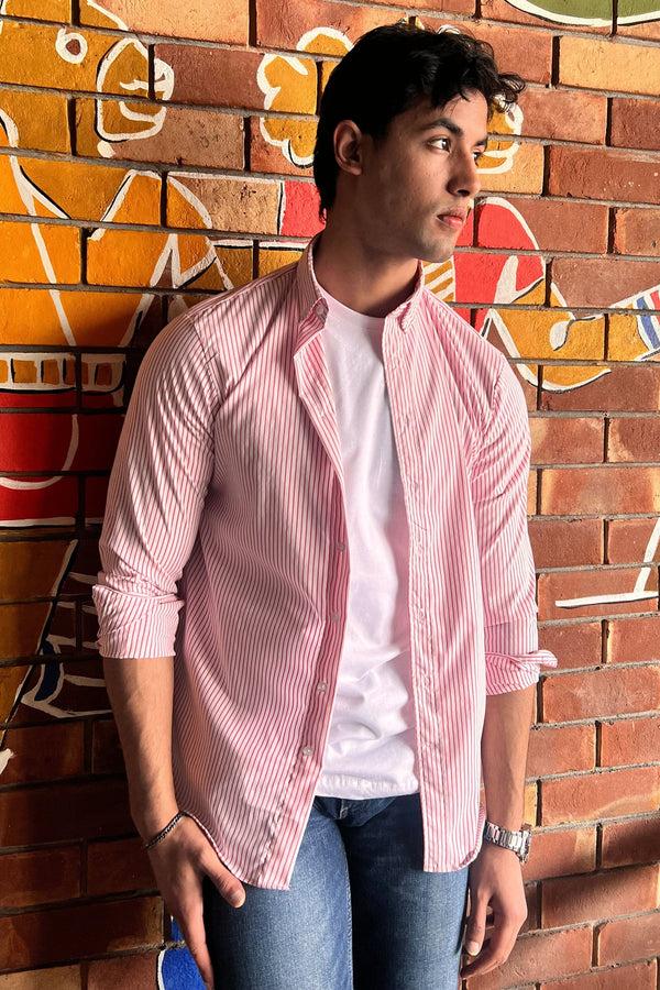 Elo Polo Republica Men's Striped Button-Down Shirt Pink & White