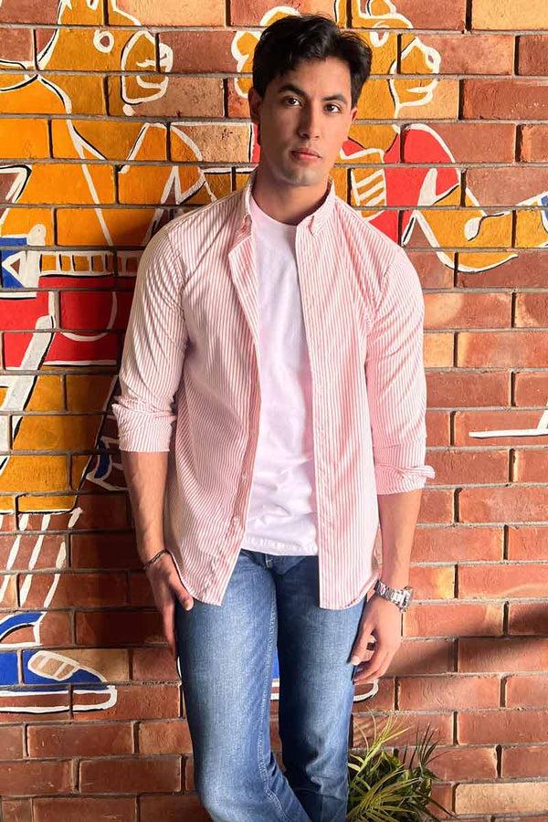 elo Polo Republica Men's Striped Button-Down Shirt Pink & White