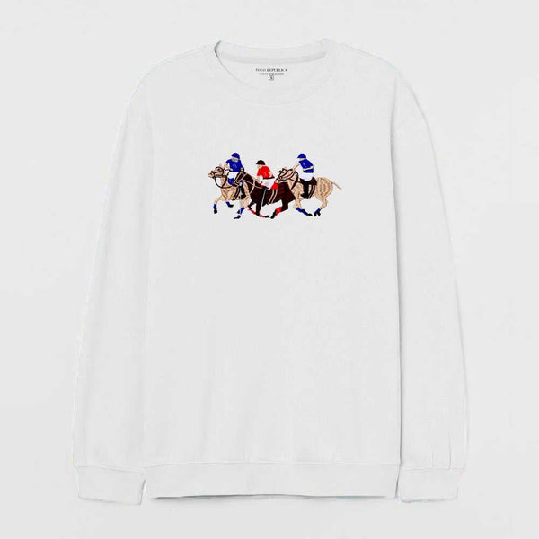Elo Polo Republica Men's Triple Horse Embroidered Fleece Sweat Shirt White
