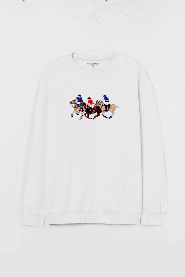 elo Polo Republica Men's Triple Horse Embroidered Fleece Sweat Shirt White