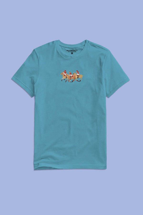 elo Polo Republica Men's Triple Pony Embroidered Crew Neck Tee Shirt Aqua Blue