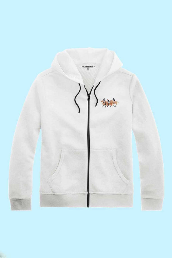 elo Polo Republica Men's Triple Pony Embroidered Terry Zipper Hoodie Off White