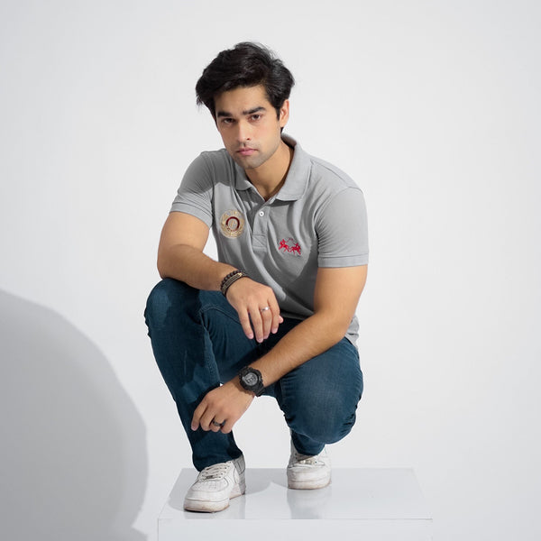 Elo Polo Republica Men's Two Pony Crest & Polo Embroidered Short Sleeve Polo Shirt Grey