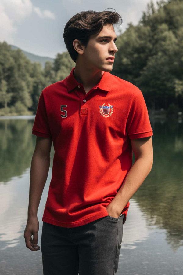 Elo Polo Republica Men's USA Crest & 5 Embroidered Short Sleeve Polo Shirt Red
