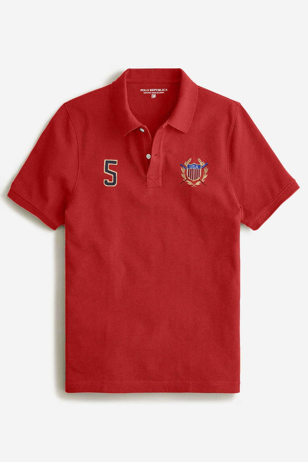 Elo Polo Republica Men's USA Crest & 5 Embroidered Short Sleeve Polo Shirt Red