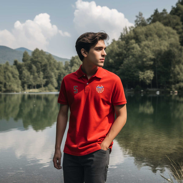elo Polo Republica Men's USA Crest & 5 Embroidered Short Sleeve Polo Shirt Red