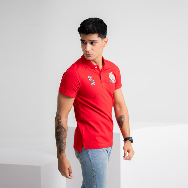 Elo Polo Republica Men's USA Polo Crest & 5 Embroidered Short Sleeve Polo Shirt Red