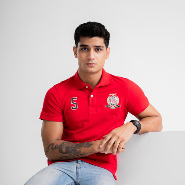Elo Polo Republica Men's USA Polo Crest & 5 Embroidered Short Sleeve Polo Shirt Red