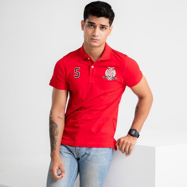 Elo Polo Republica Men's USA Polo Crest & 5 Embroidered Short Sleeve Polo Shirt Red