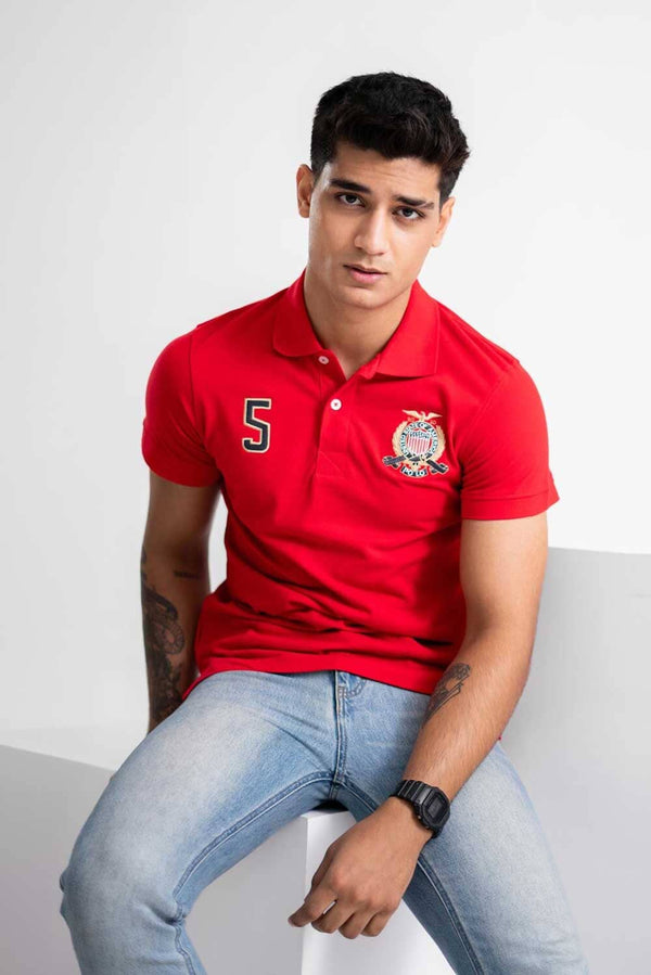 elo Polo Republica Men's USA Polo Crest & 5 Embroidered Short Sleeve Polo Shirt Red