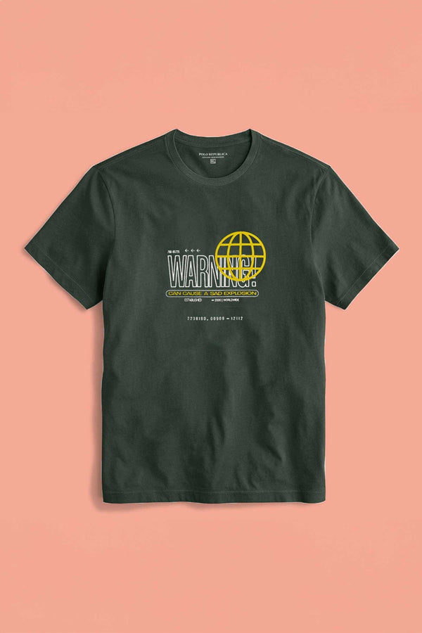 Elo Polo Republica Men's Warning Cause Printed Crew Neck Tee Shirt Dark Olive