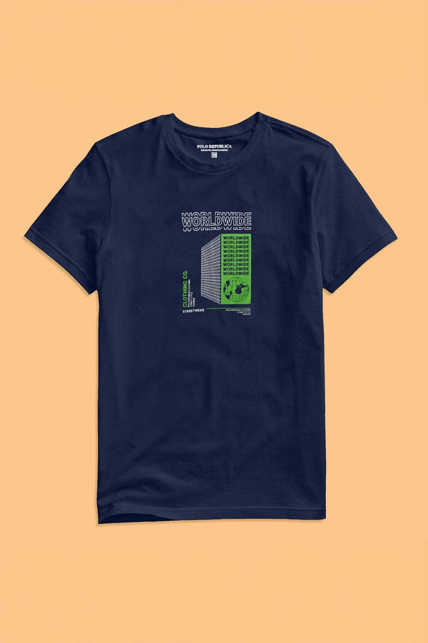Elo Polo Republica Men's World Wide Printed Crew Neck Tee Shirt Navy