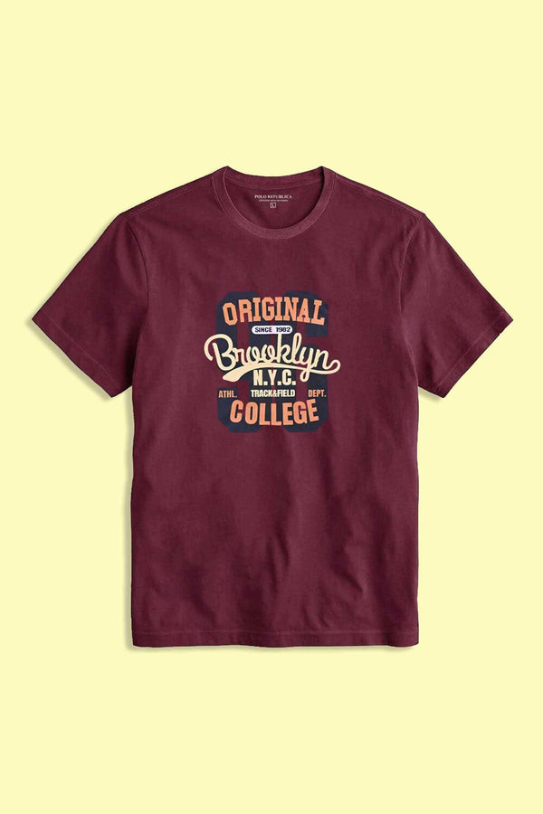 Elo Polo Republica Original Brooklyn Printed Crew Neck Tee Shirt Maroon