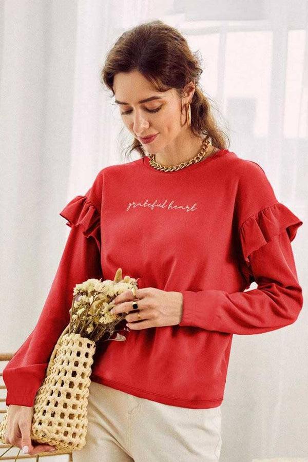 elo Polo Republica Women's Frill Grateful Embroidered Fleece Sweatshirt Red