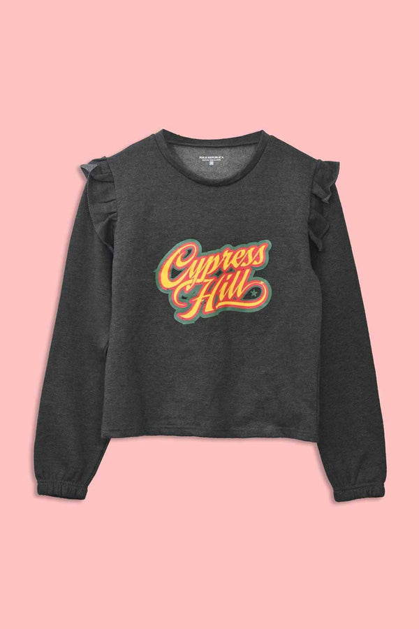 Elo Polo Republica Women's Frill Shoulder Cypress Hill Printed Fleece Sweatshirt Charcoal